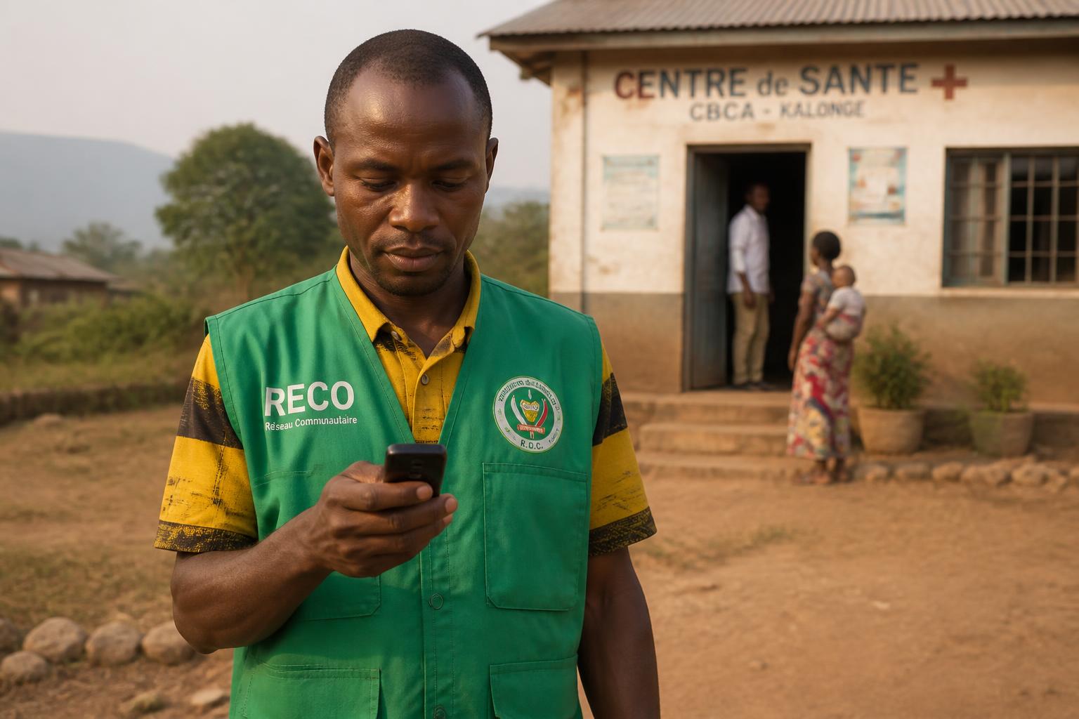 Relais communautaire recevant la confirmation de son paiement Mobile Money devant un centre de santé